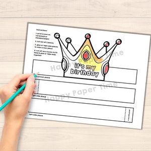 Puede incluir: Plantilla de corona imprimible para una fiesta de cumplea&ntilde;os. La corona es amarilla y naranja con detalles rojos y dice "Es mi cumplea&ntilde;os".