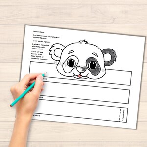 May include: Printable panda mask craft for kids. The mask is black and white and has a cute, cartoon-like face. Instructions are included on the page.