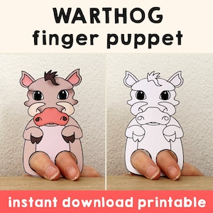 Warthog paper craft printable African animal Finger Puppet Kids Craft Birthday Party Kids Coloring Puppet - Instant Download