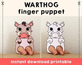 Warthog paper craft printable African animal Finger Puppet Kids Craft Birthday Party Kids Coloring Puppet - Instant Download