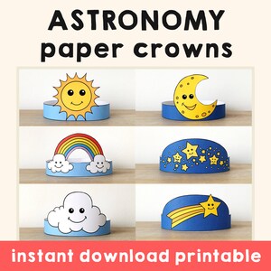 Corone di carta per astronomia Sole Arcobaleno Luna Nuvole Stelle cadenti Stampabile per bambini Artigianato Festa di compleanno Bomboniera Costume Fai da te Modello di download immediato
