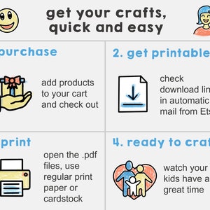 May include: A colorful infographic with four steps for creating crafts: purchase, get printable, print, and ready to craft. The infographic includes illustrations of a gift box, a download arrow, a printer, and a family holding hands inside a heart.