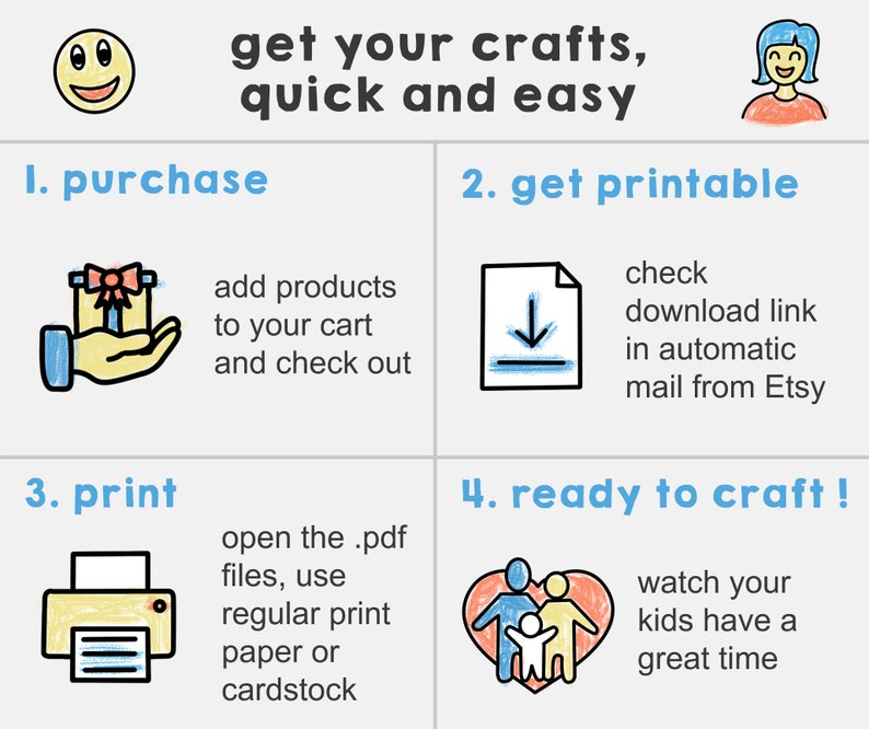 May include: A colorful infographic with four steps for creating crafts: purchase, get printable, print, and ready to craft. The infographic includes illustrations of a gift box, a download arrow, a printer, and a family holding hands inside a heart.
