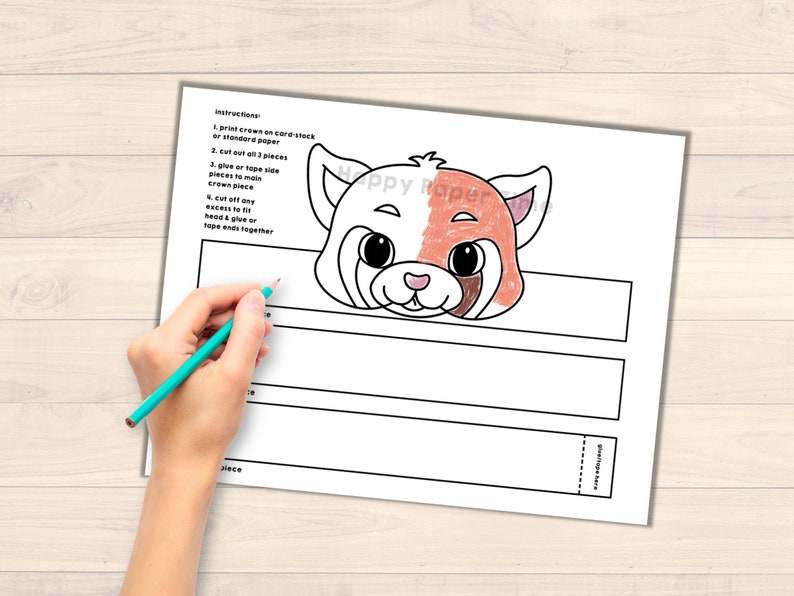 May include: Printable red panda mask craft for kids. The mask is black and white line art with a red and white color section for the face. Instructions are included on the page.