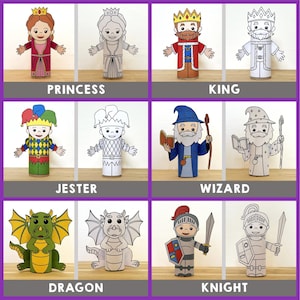 Pode incluir: Personagens de papel para imprimir para uma pe&ccedil;a de teatro ou um show de fantoches. Os personagens incluem uma princesa, um rei, um buf&atilde;o, um mago, um drag&atilde;o e um cavaleiro. Cada personagem &eacute; mostrado em vers&atilde;o colorida e em preto e branco.