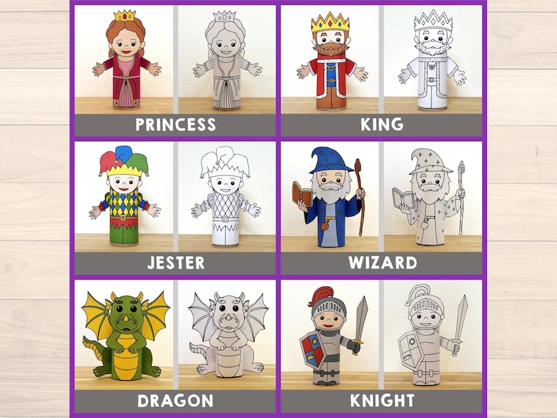 Pode incluir: Personagens de papel para imprimir para uma pe&ccedil;a de teatro ou um show de fantoches. Os personagens incluem uma princesa, um rei, um buf&atilde;o, um mago, um drag&atilde;o e um cavaleiro. Cada personagem &eacute; mostrado em vers&atilde;o colorida e em preto e branco.