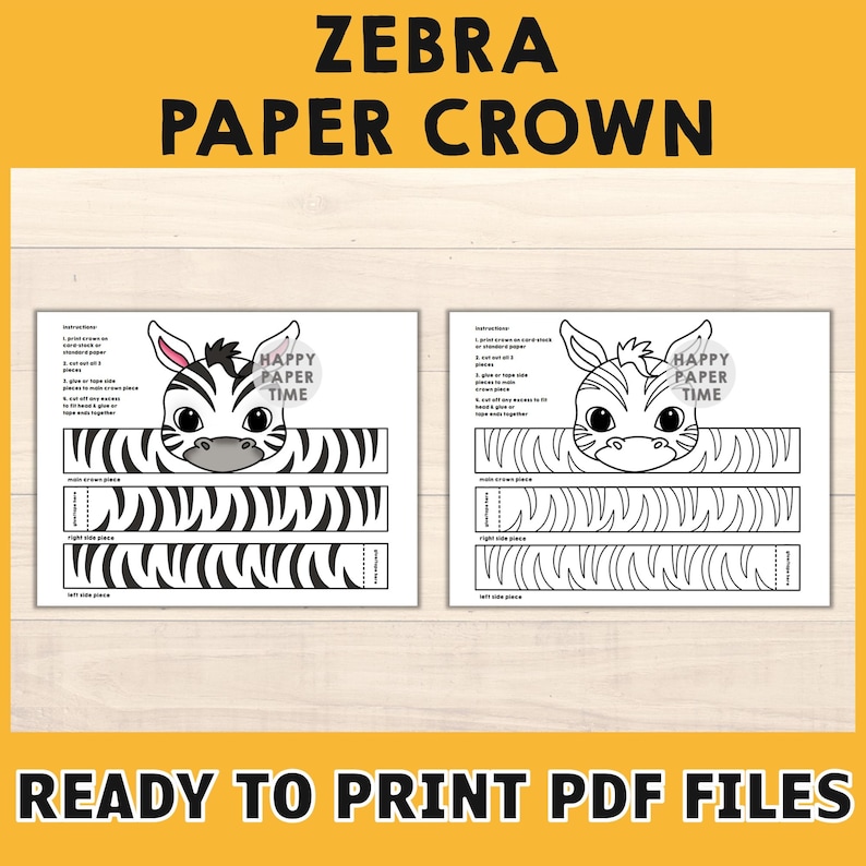 Zebra Paper Crown Party Coloring Printable Kids Craft African Birthday Decor Printable Favor pdf Costume DIY Printable Instant Download image 2