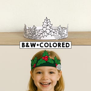 Holly Leaves Paper Crown Hat Christmas Winter Holiday Party Coloring Printable Kids Craft Costume Printable Favor Costume - Instant Download image 1