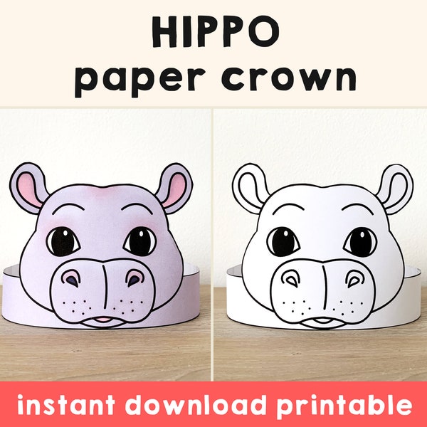 Hippopotame papier couronne fête coloriage imprimable enfants artisanat anniversaire africain décor imprimable faveur pdf déguisement bricolage imprimable téléchargement immédiat