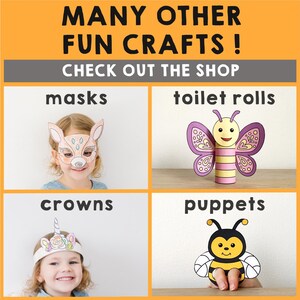 Puede incluir: Imagen que promociona manualidades divertidas, incluyendo m&aacute;scaras, rollos de papel higi&eacute;nico, coronas y marionetas. La imagen presenta a ni&ntilde;os usando una m&aacute;scara de ciervo, una corona de unicornio y ejemplos de manualidades como una mariposa y una abeja hechas con rollos de papel higi&eacute;nico. Texto: "MANY OTHER FUN CRAFTS! CHECK OUT THE SHOP."