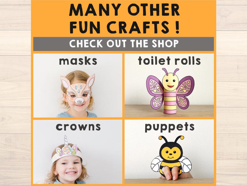 Puede incluir: Imagen que promociona manualidades divertidas, incluyendo m&aacute;scaras, rollos de papel higi&eacute;nico, coronas y marionetas. La imagen presenta a ni&ntilde;os usando una m&aacute;scara de ciervo, una corona de unicornio y ejemplos de manualidades como una mariposa y una abeja hechas con rollos de papel higi&eacute;nico. Texto: "MANY OTHER FUN CRAFTS! CHECK OUT THE SHOP."