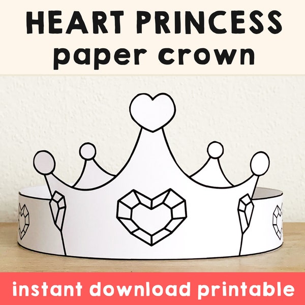 Heart Princess Paper Crown Party Activity Printable Kids Easy Craft Valentine Sweet Decor Printable color pdf favor DIY - Instant Download