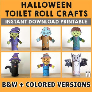 Manualidad con rollo de papel higiénico para Halloween, fiesta espeluznante, para colorear, imprimir, decorar, para niños, bruja, murciélago, gato, juego, recortar, pegar, bricolaje - Descarga instantánea