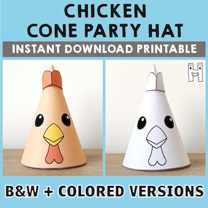 Chapeau de fête poulet en papier imprimable modèle impression décoration de table animaux de la ferme cadeau de fête d'anniversaire artisanat coloriage téléchargement immédiat