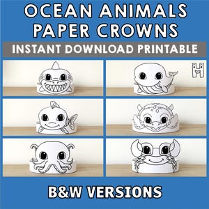 Corone di carta con animali dell'oceano, squali, pesci, polpi, balene, tartarughe marine, granchi, lavoretti per bambini, bomboniere per feste di compleanno, costumi fai da te, da scaricare