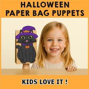 Puede incluir: Una ni&ntilde;a sonriente sostiene una marioneta de bolsa de papel de un gato negro con un sombrero de bruja morado y un collar de calabaza. Las palabras "HALLOWEEN PAPER BAG PUPPETS" y "KIDS LOVE IT!" se muestran en la imagen.