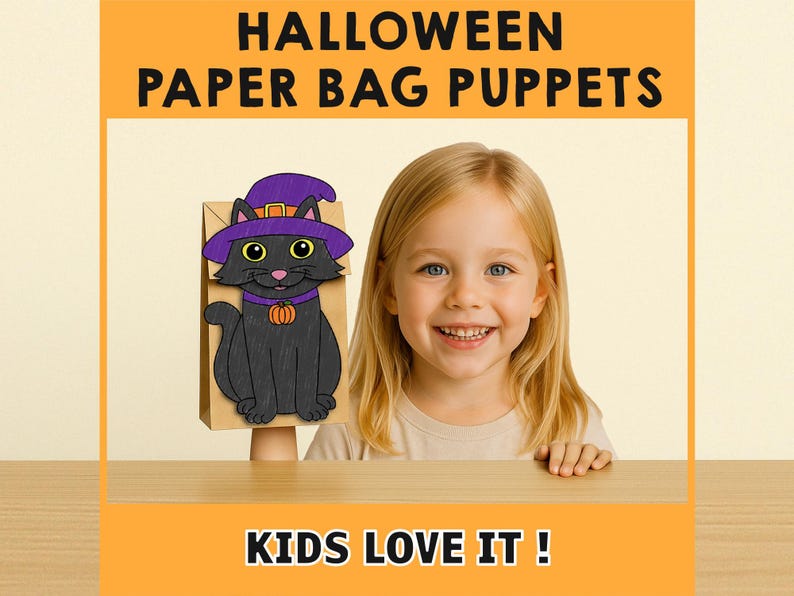 Puede incluir: Una ni&ntilde;a sonriente sostiene una marioneta de bolsa de papel de un gato negro con un sombrero de bruja morado y un collar de calabaza. Las palabras "HALLOWEEN PAPER BAG PUPPETS" y "KIDS LOVE IT!" se muestran en la imagen.