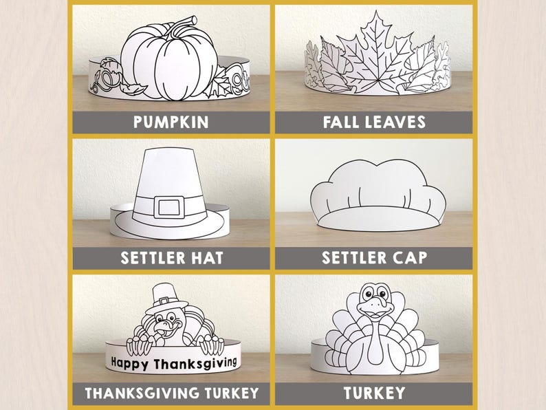 Thanksgiving Paper Crowns Headbands Craft Activity Hats Printable Kids Fall Autumn Party Favor Costume DIY Template - Instant Download image 2