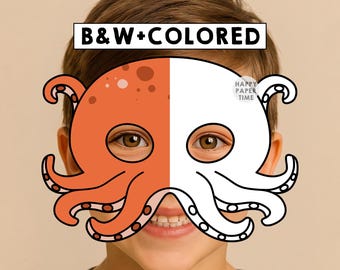 Octopus mask costume template paper craft activity Sea ocean Animal Mask Party Coloring Printable Kids Birthday - Instant Download