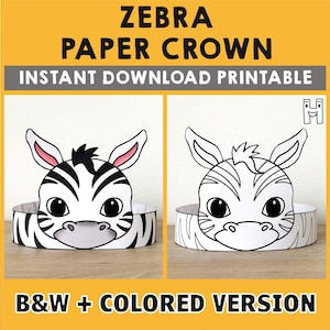 Zebra Paper Crown Party Coloring Printable Kids Craft African Birthday Decor Printable Favor pdf Costume DIY Printable Instant Download