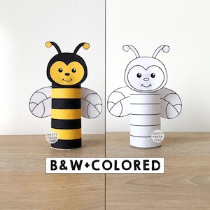 Bee Toilet Paper Roll Craft Bugs Insects Party Coloring Printable Decoration Kids Bumblebee Play Cut out Glue DIY - Instant Download