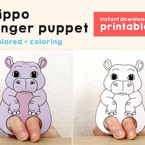 Hippo paper craft printable African animal Finger Puppet Kids Craft Birthday Party Kids Coloring Puppet - Instant Download