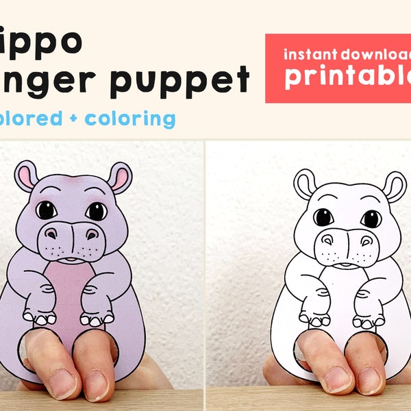 Hippo paper craft printable African animal Finger Puppet Kids Craft Birthday Party Kids Coloring Puppet - Instant Download