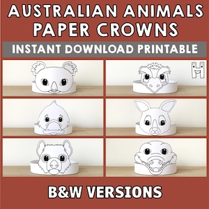 Corone di carta per animali australiani, safari, koala, canguro, coccodrillo, emù, ornitorinco, stampabili, lavoretti per bambini, bomboniere per feste di compleanno, costumi fai da te da scaricare