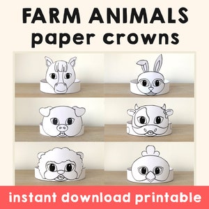 Bauernhof Tiere Papierkronen Schwein Pony Kuh Kaninchen Schafe Huhn druckbare Kinder Handwerk Geburtstag Mitbringsel Kostüm DIY druckbare Sofort Download