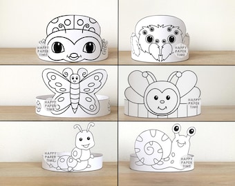 Bugs Insects Paper Crowns Butterfly Caterpillar Ladybug Bee Printable Costume DIY Party Kids Headband Coloring Craft Favor PDF Download