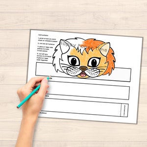 May include: Printable cat head craft for kids. The craft includes a cat head with orange and white fur, black eyes, and a pink nose. Instructions are included on the page.