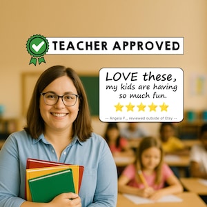 Puede incluir: Una mujer sonriente con gafas sostiene libros coloridos. Encima de ella hay una pancarta que dice "TEACHER APPROVED". Una rese&ntilde;a dice "LOVE these, my kids are having so much fun." con cinco estrellas doradas.