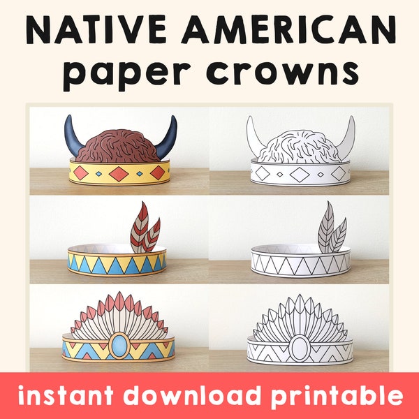 Native American Paper Crown activity Printable Kids Craft Headband Feather Birthday Party Favor Indian Costume Printable Instant Download