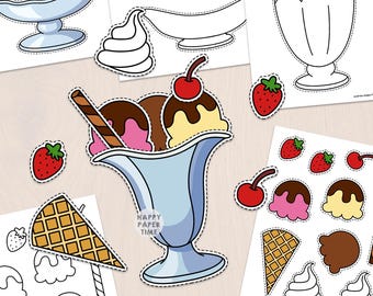 Ice Cream Sundae craft activity build cut paste coloring page summer printable Birthday Favor DIY Instant Download Template