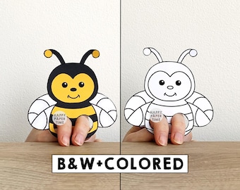 Modello di burattino da dito stampabile con carta ape, attività artigianale per bambini, carta da colorare per feste di compleanno con animali, stampa - Download immediato