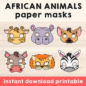 African masks Animal template giraffe hippo lion zebra hyena warthog costume diy Party kids craft activity print out Instant Download
