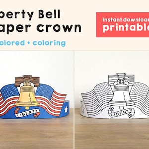 Liberty Bell Paper Crown 4 luglio America Fascia patriottica Attività stampabile Bambini da colorare Decorazione artigianale pdf Download istantaneo fai da te