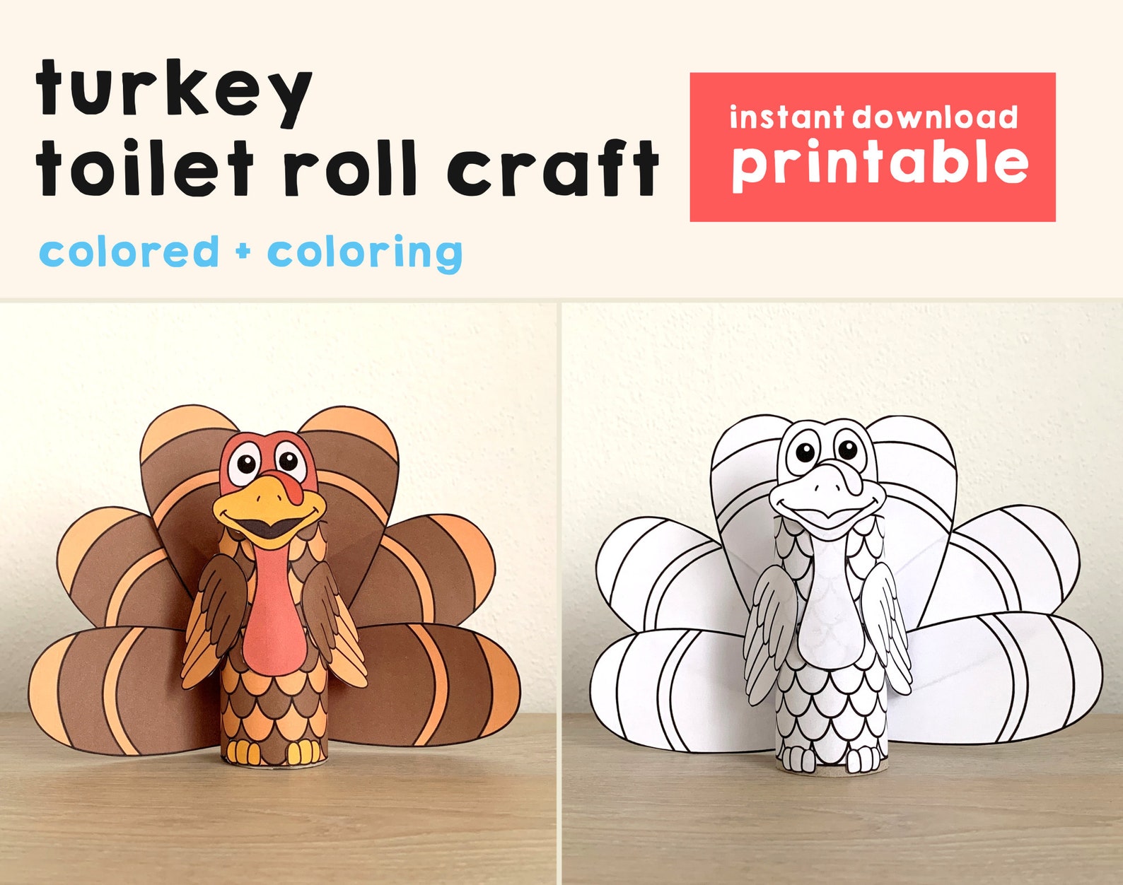 Turkey Toilet Paper Roll Craft Thanksgiving Party Coloring - Etsy