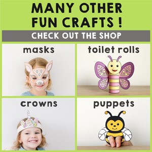 May include: Image promoting fun crafts, including masks, toilet roll crafts, crowns, and puppets. The image features children wearing a deer mask, a unicorn crown, and examples of crafts like a butterfly and bee made from toilet rolls. Text reads "MANY OTHER FUN CRAFTS! CHECK OUT THE SHOP".