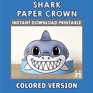 Shark Paper Crown Headband Craft Hat Party Costume Printable Kids Ocean animal Birthday Decor template Favor pdf DIY, Instant Download
