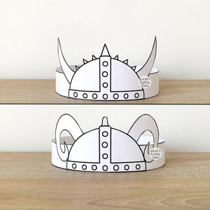Casco vikingo, corona de papel para colorear, imprimible, manualidad para niños, fiesta de cumpleaños, diadema, sombrero, recuerdo, disfraz de guerrero nórdico, recortable, descarga instantánea