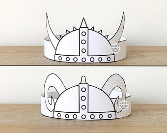 Viking Helmet Paper Crown Coloring Printable Kid Craft Birthday Party Headband Hat Favor Norse Warrior Costume Cut Out Instant Download