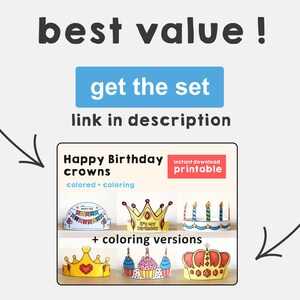 Puede incluir: Coronas de cumplea&ntilde;os imprimibles en versiones a color y para colorear. Las coronas presentan diferentes dise&ntilde;os, incluyendo una corona con velas, una corona con un coraz&oacute;n y una corona con una magdalena. El texto "descarga instant&aacute;nea imprimible" est&aacute; en un recuadro rojo.