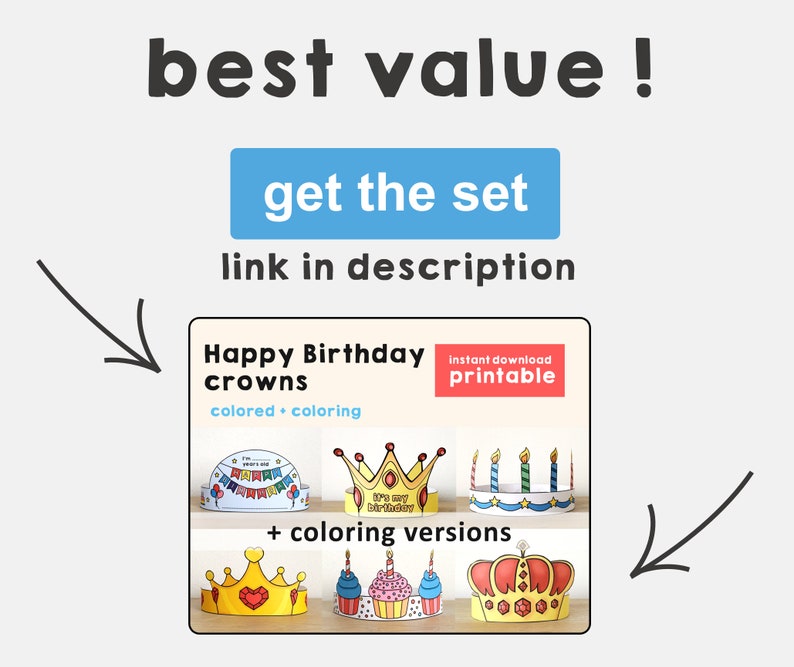 Puede incluir: Coronas de cumplea&ntilde;os imprimibles en versiones a color y para colorear. Las coronas presentan diferentes dise&ntilde;os, incluyendo una corona con velas, una corona con un coraz&oacute;n y una corona con una magdalena. El texto "descarga instant&aacute;nea imprimible" est&aacute; en un recuadro rojo.