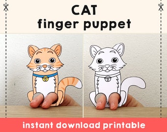 Cat Kitten paper craft printable pet animal Finger Puppet Kids Craft Birthday Party Kids Coloring Puppet - Instant Download