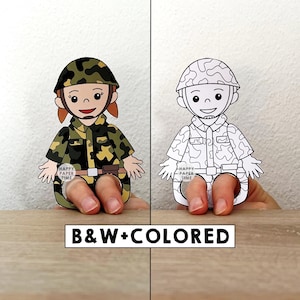 Manualidad de papel de soldado imprimible, títere de dedo de ayudante comunitario, manualidad para niños, día de la profesión, títere para colorear para niños, ejército - Descarga instantánea