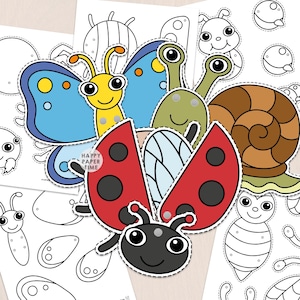 Könnte beinhalten: Eine Sammlung bunter Papierausstanzungen mit einem roten Marienkäfer mit schwarzen Punkten, einem gelben und blauen Schmetterling und einer braunen Schnecke, überlagert auf schwarz-weißen Malvorlagen mit dem Text Happy Paper Time.