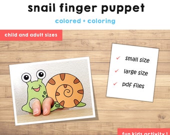 Snail paper craft printable Finger Puppet Bug template Kids Craft activity  Animal Birthday Party Coloring paper print Instant Download