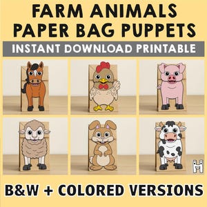 Sac en papier animaux de la ferme marionnettes activité artisanale imprimable pâte à découper coloriage cadeau de fête téléchargement immédiat