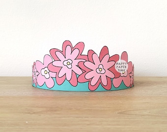 Flower Paper Crown Party Coloring Printable Kids Craft Spring Fairy Costume Birthday Printable Favor Costume DIY - Instant Download